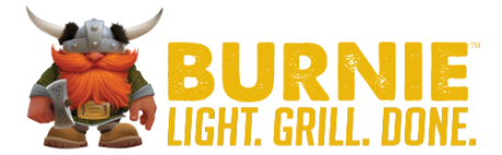 Burnie Grill Logo Featuring Small Viking Mascot and tagline Light, Grill, Done underneath it. Representing brand for 100% Alderwood Eco grill made from all natural materials wiht no chemicals or clean up.