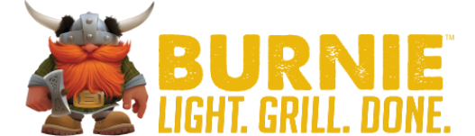 Burnie Grill Logo Featuring Small Viking Mascot and tagline Light, Grill, Done underneath it. Representing brand for 100% Alderwood Eco grill made from all natural materials wiht no chemicals or clean up.
