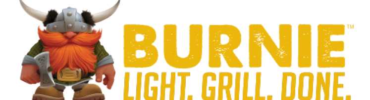 Burnie Grill Logo Featuring Small Viking Mascot and tagline Light, Grill, Done underneath it. Representing brand for 100% Alderwood Eco grill made from all natural materials wiht no chemicals or clean up.